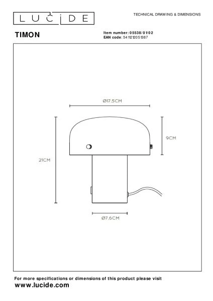 Lucide TIMON - Table lamp - 1xE14 - 3 StepDim - Matt Gold / Brass - technical